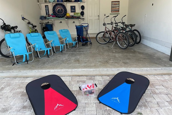 4 bikes, beach chairs, tents cabana for beach and games.