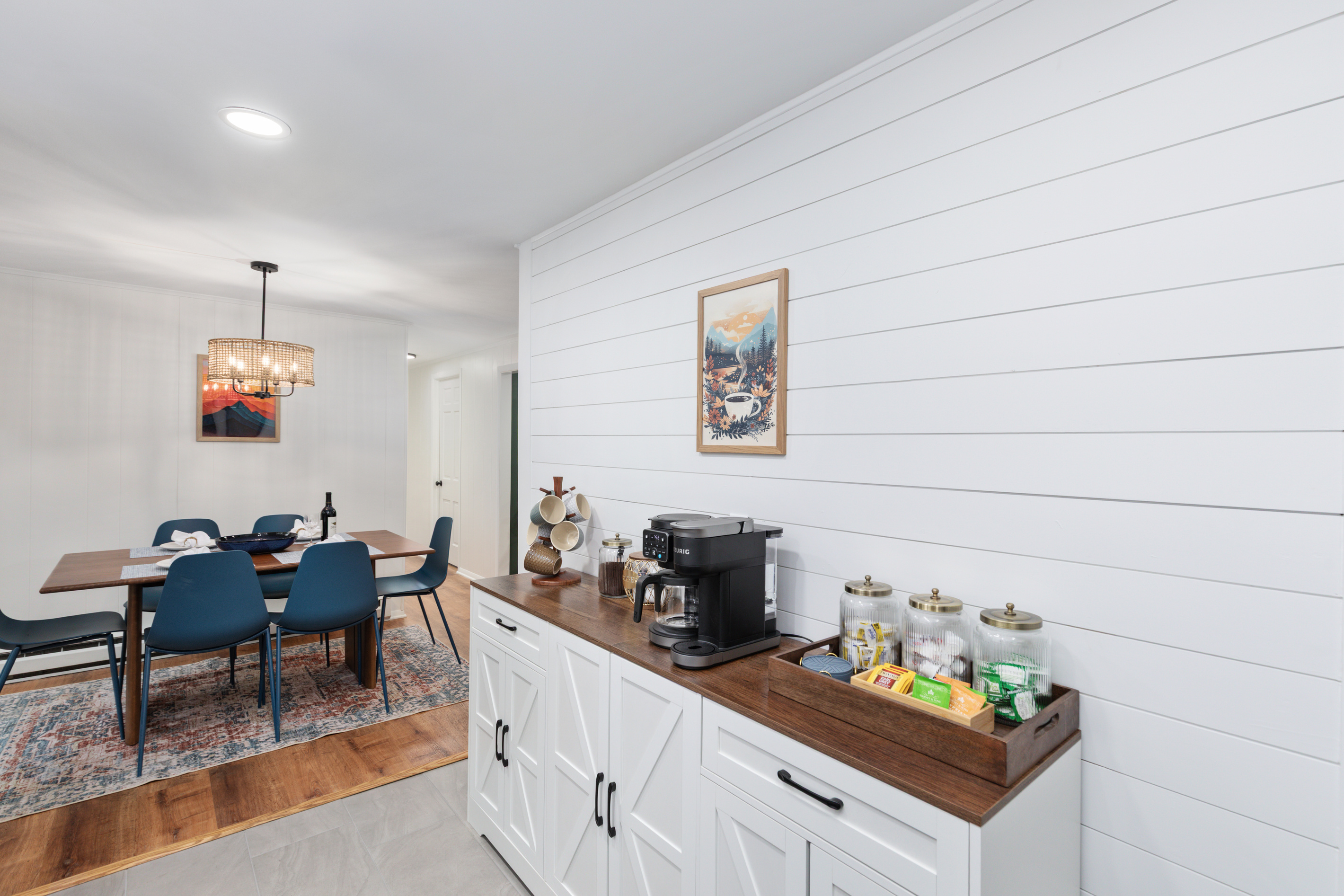 From the coffee bar to the dining table, this space makes it easy to cook, gather, and enjoy a meal together.