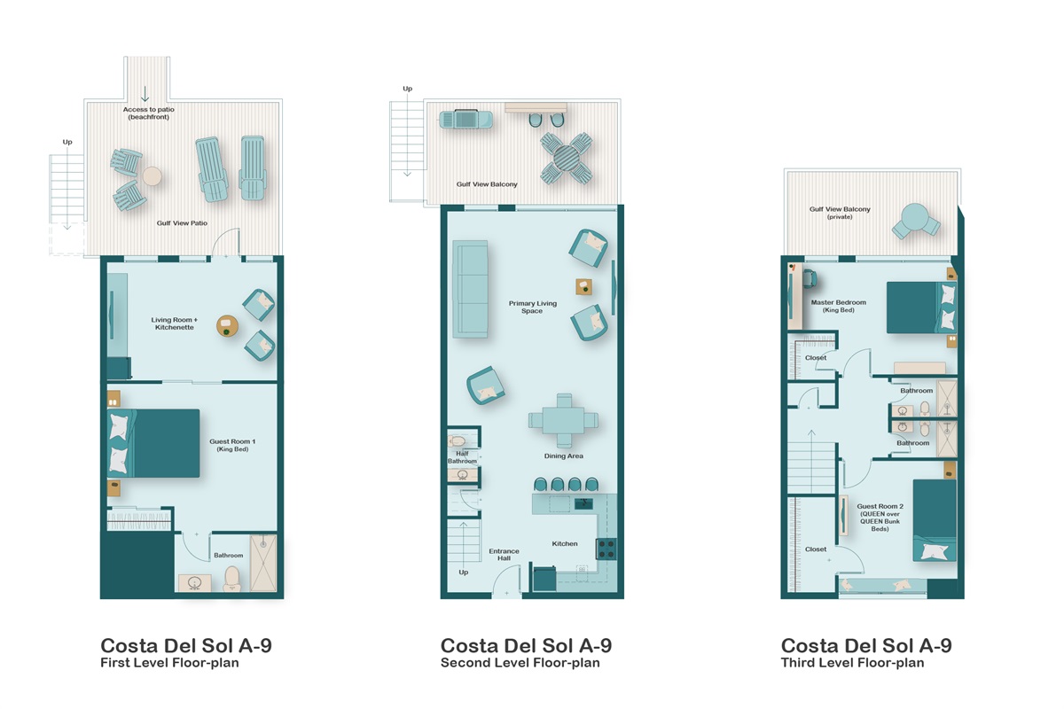 This 3-Level, Beachfront Townhome w/ a Private Beach is Fully Remodeled with lots of new furniture, comes Fully-Stocked with beach gear, and features 3 Patios overlooking the Beach and Gulf!