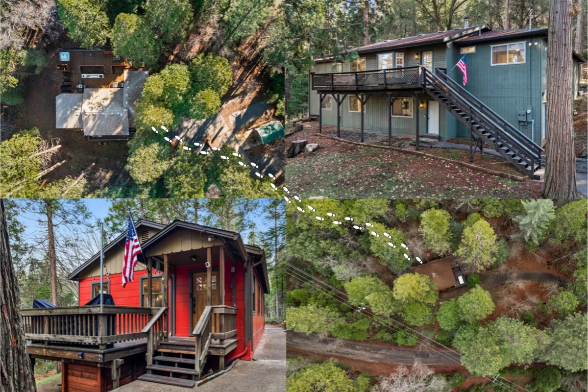 Both Cabins rented together. You can enjoy the 3.5 acre property to yourself. The cabins are about 75 yards away from each other. It is a short uphill walk to the Upper cabin/ down to the lower. Perfect blend of space, togetherness, privacy and fun.