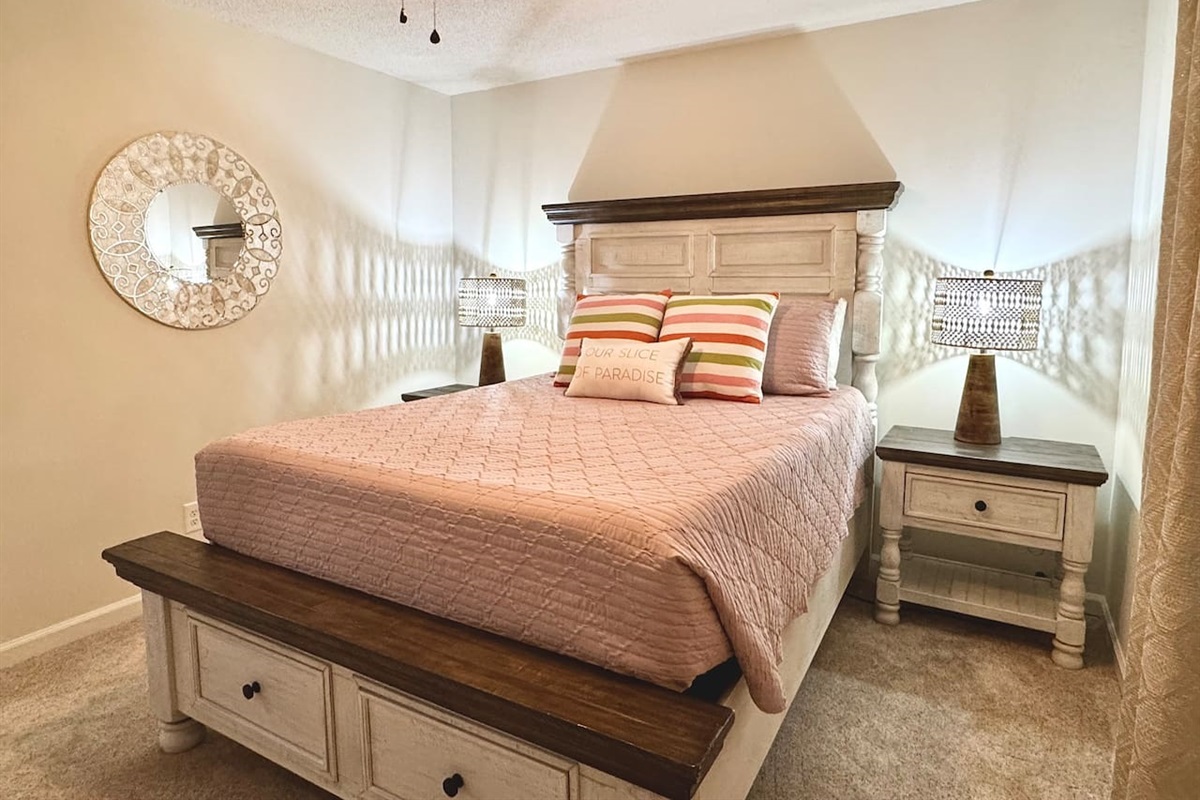 * Queen Bed (sleeps 2) * Extra quilts/blankets* Closet and dresser for storage* 42 in. Flat Screen Smart TV (bring your own streaming logins) 