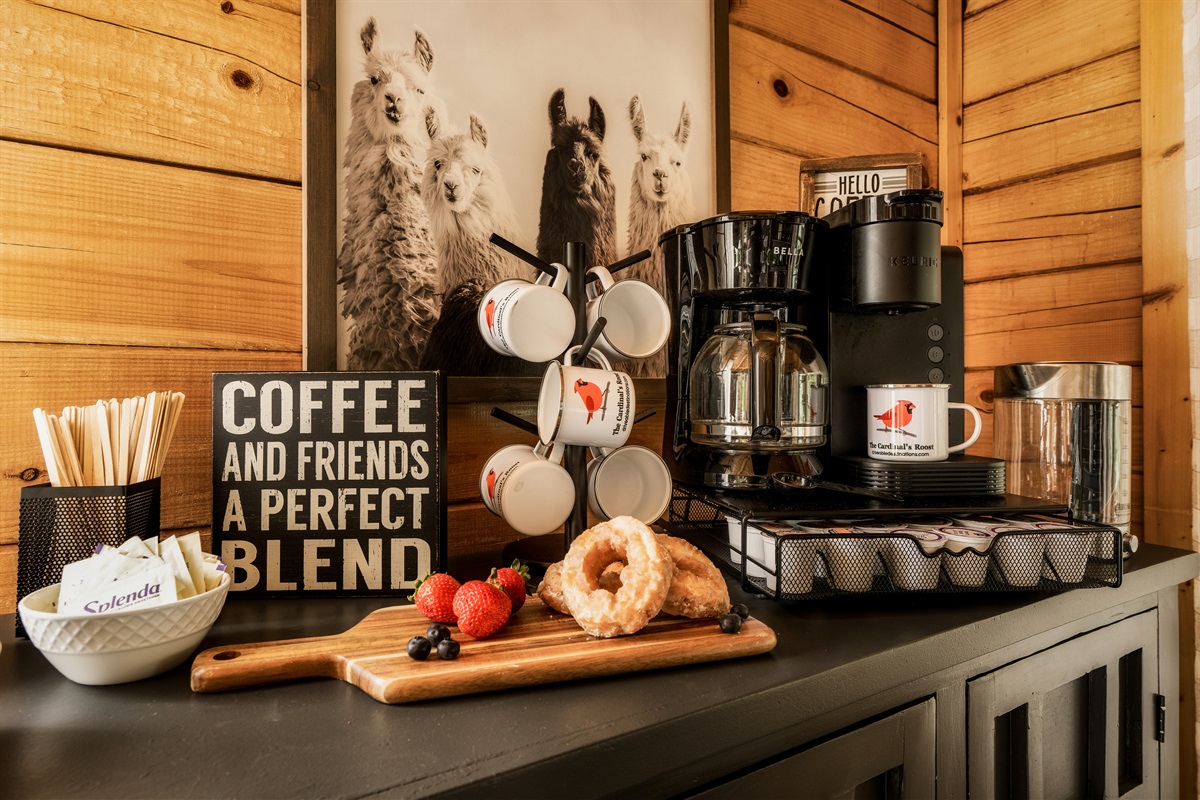 Our coffee station features brew/Keurig, K cups, and electric kettle.