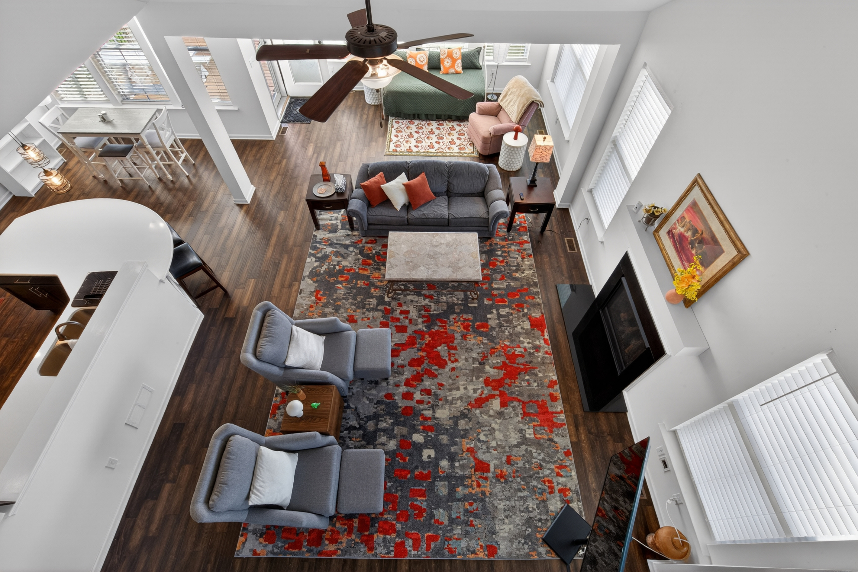 Open-concept gathering space designed for downtime and informal team debriefs.