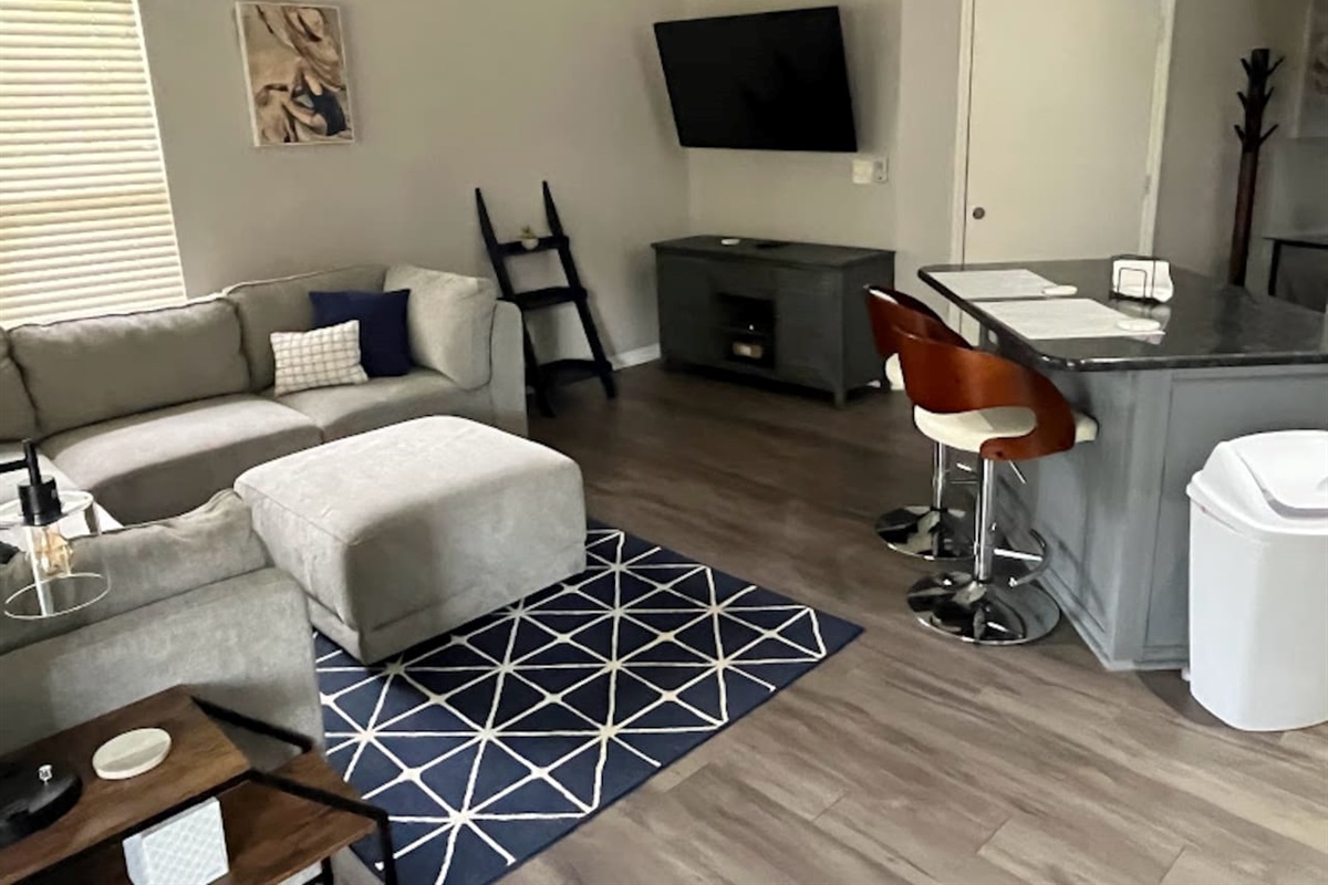 Comfortable living area with modern seating, wood-look flooring, wall-mounted TV, and an open view toward the kitchen.