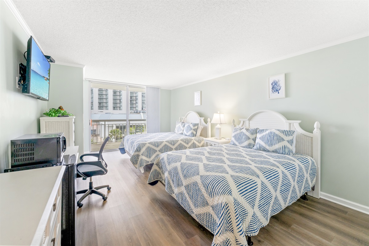 Bedroom - Queen Beds, workspace, mini-fridge, microwave