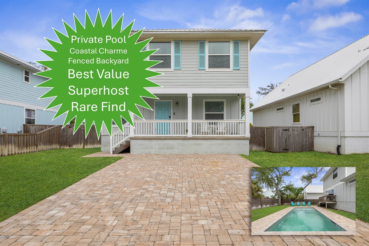 Pull into the drive, drop your bags, and feel vacation begin—coastal charm out front, your own private pool waiting out back, and a fenced yard made for sun-soaked afternoons, easy family time, and nights that stretch a little longer.