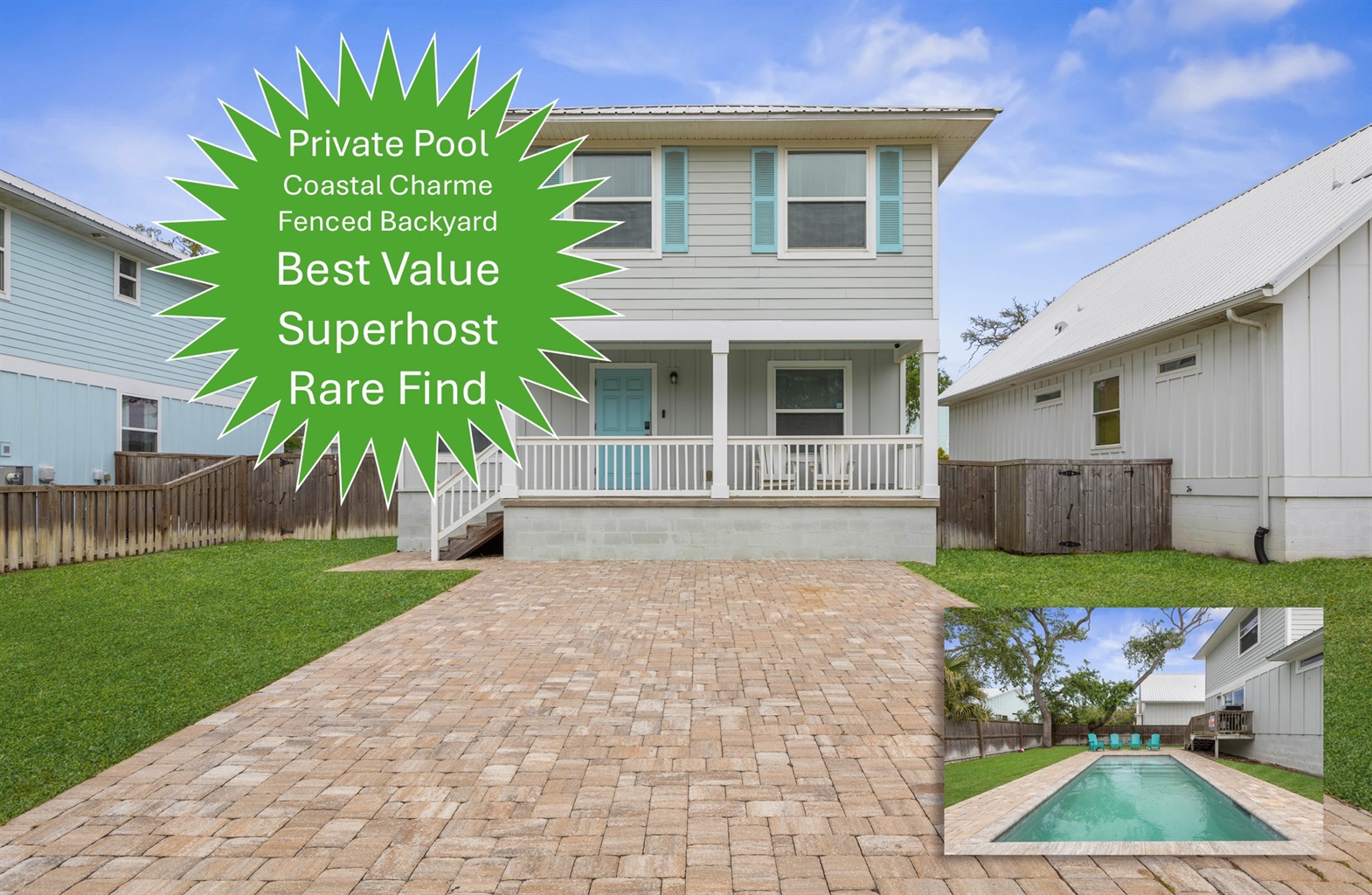 Pull into the drive, drop your bags, and feel vacation begin—coastal charm out front, your own private pool waiting out back, and a fenced yard made for sun-soaked afternoons, easy family time, and nights that stretch a little longer.