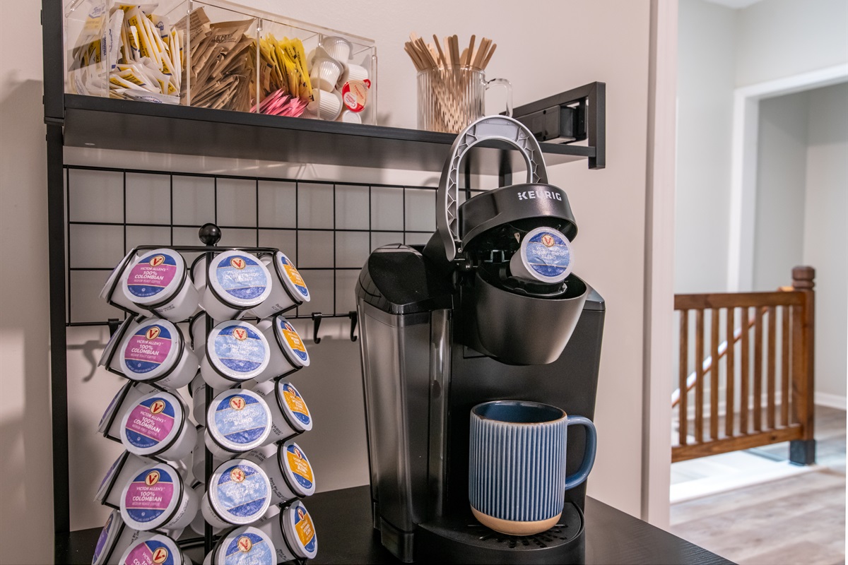 A fully stocked coffee station to elevate your morning routine.
