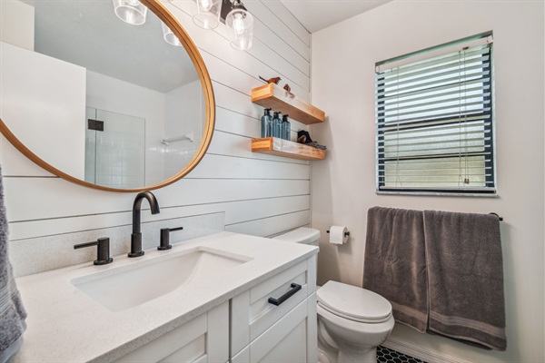 The updated hall bath includes a bathtub/shower combo.