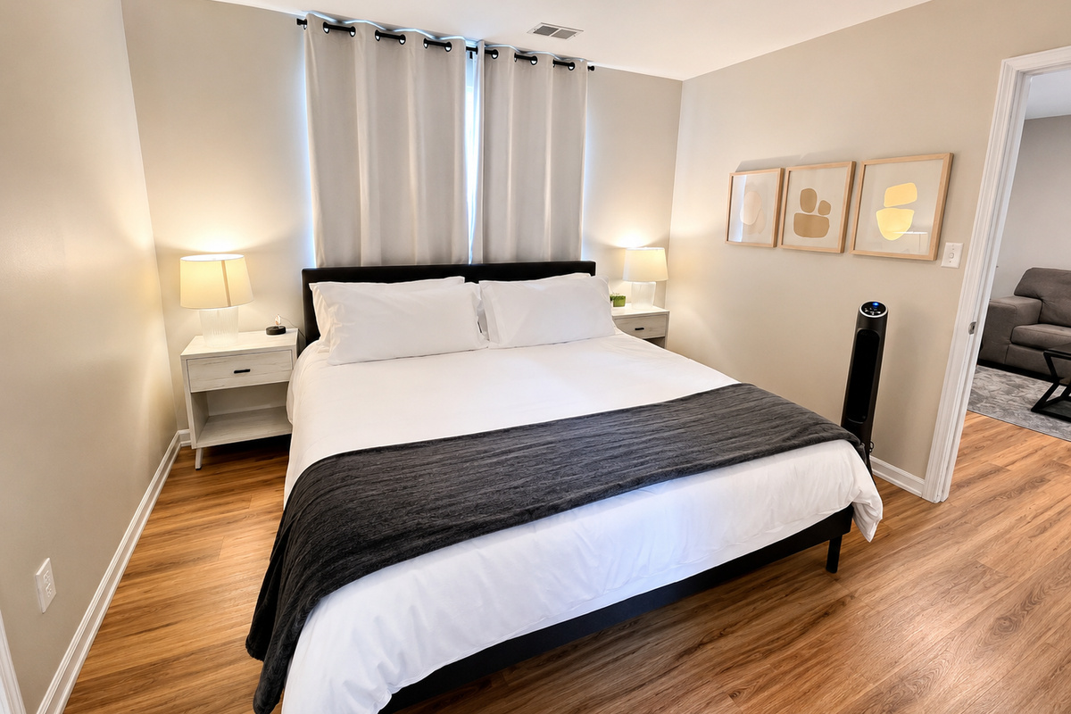 Experience the luxurious comfort of our king-size bed adorned with opulent linens and plush pillows.