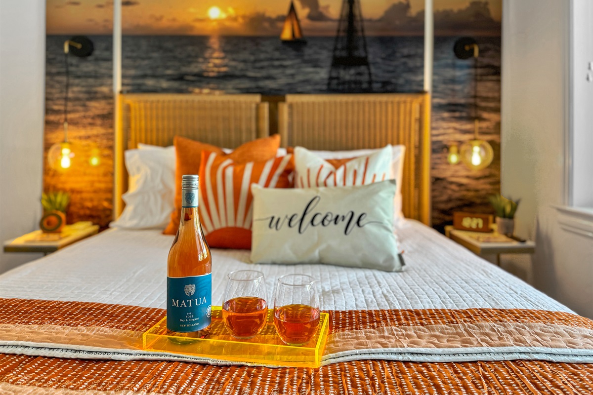 Next up is the Sunset Room with a queen bed.