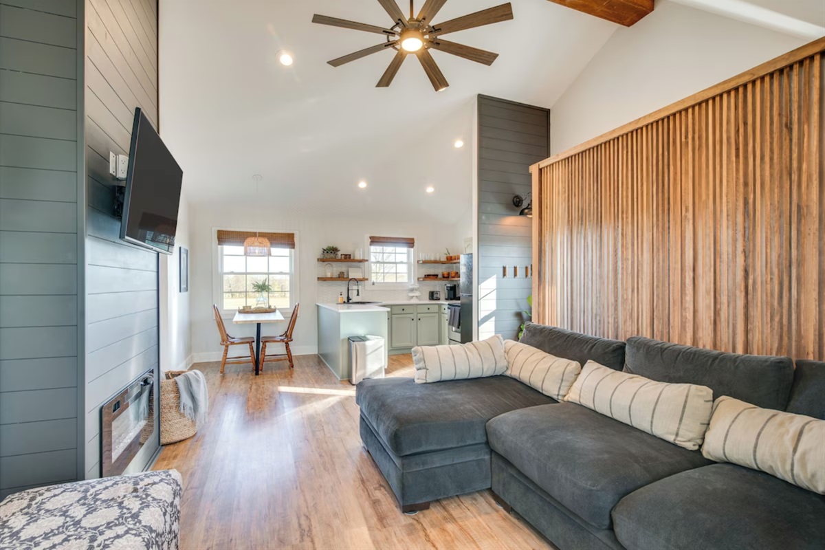 Living area with ceiling fans and smart TV