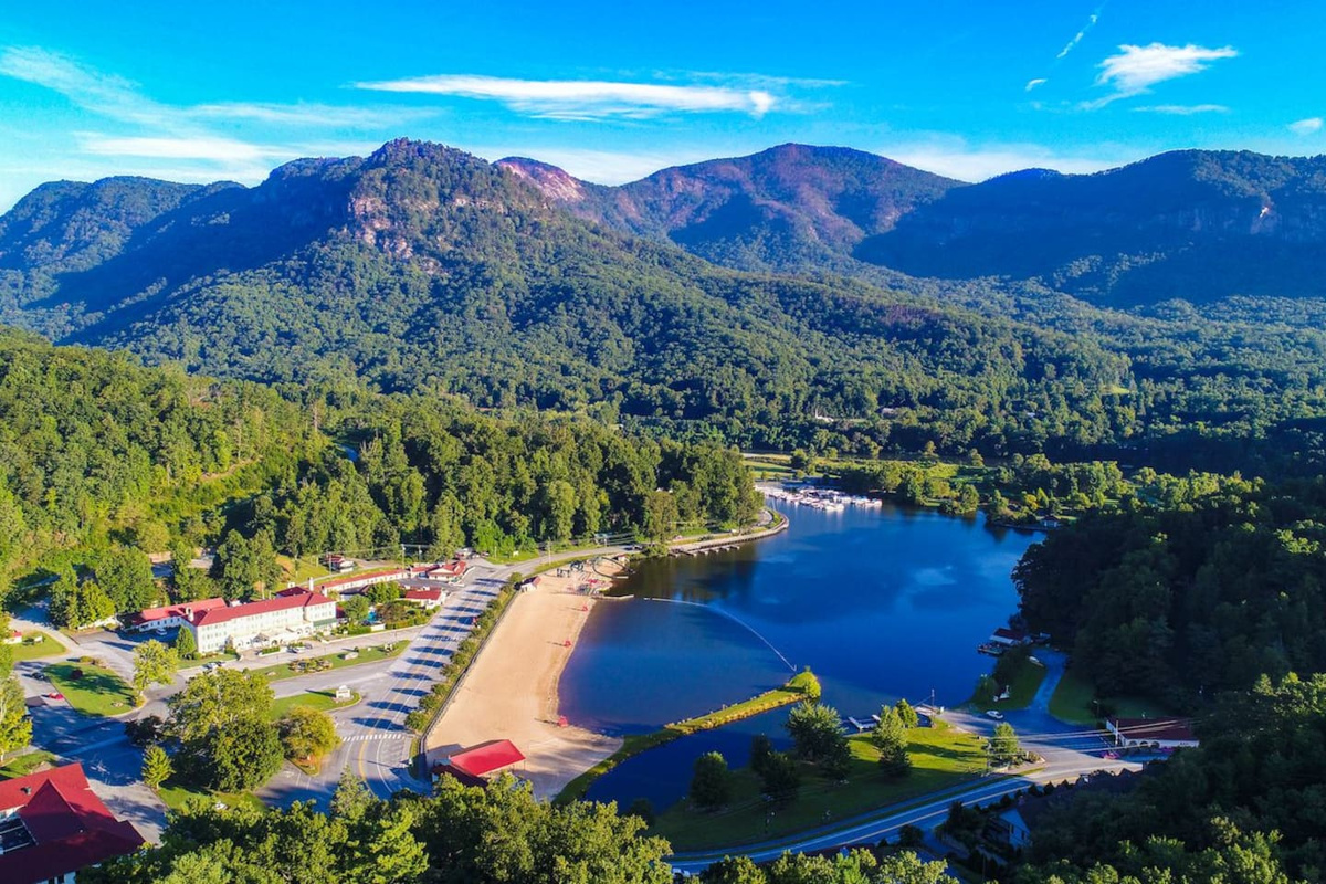 Arial view of Lake Lure in the summer.