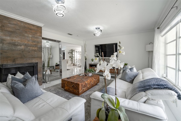 Elegant modern living room with fireplace & smart TV