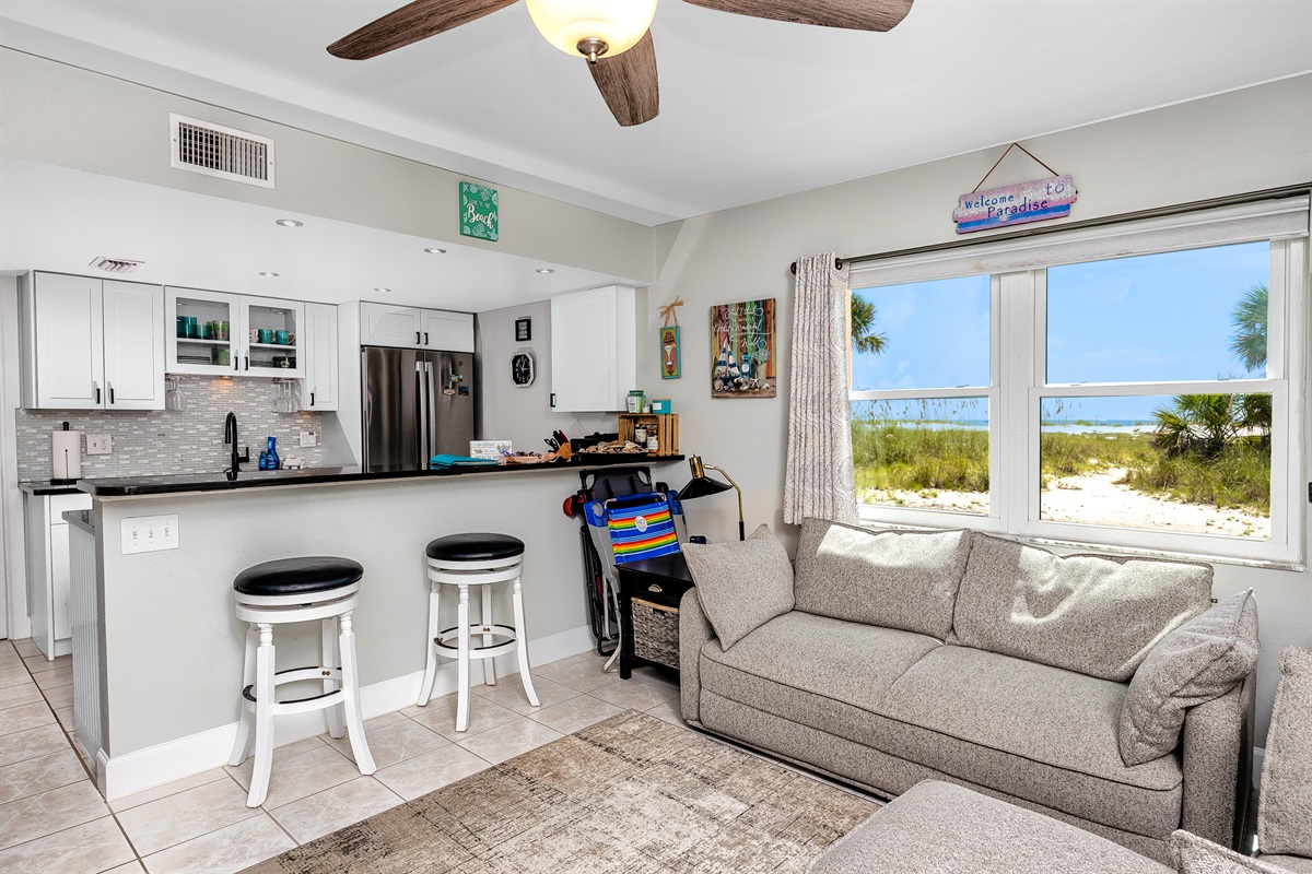 view of the beach right from the living room
