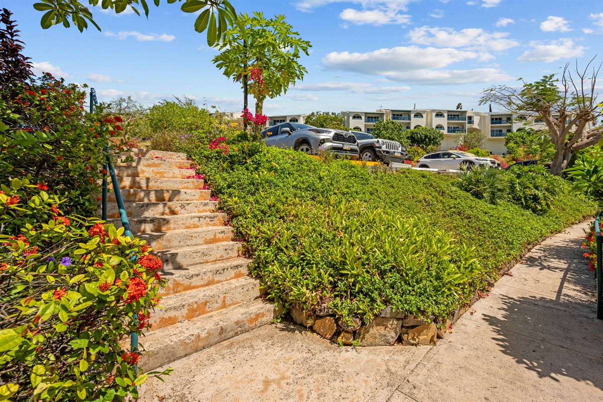 The pathway down to the condo with parking close