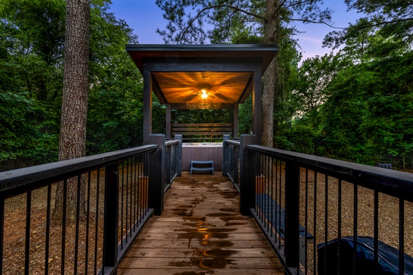 Arrive with ease along the well-lit, sturdy walkway leading to the cabin.