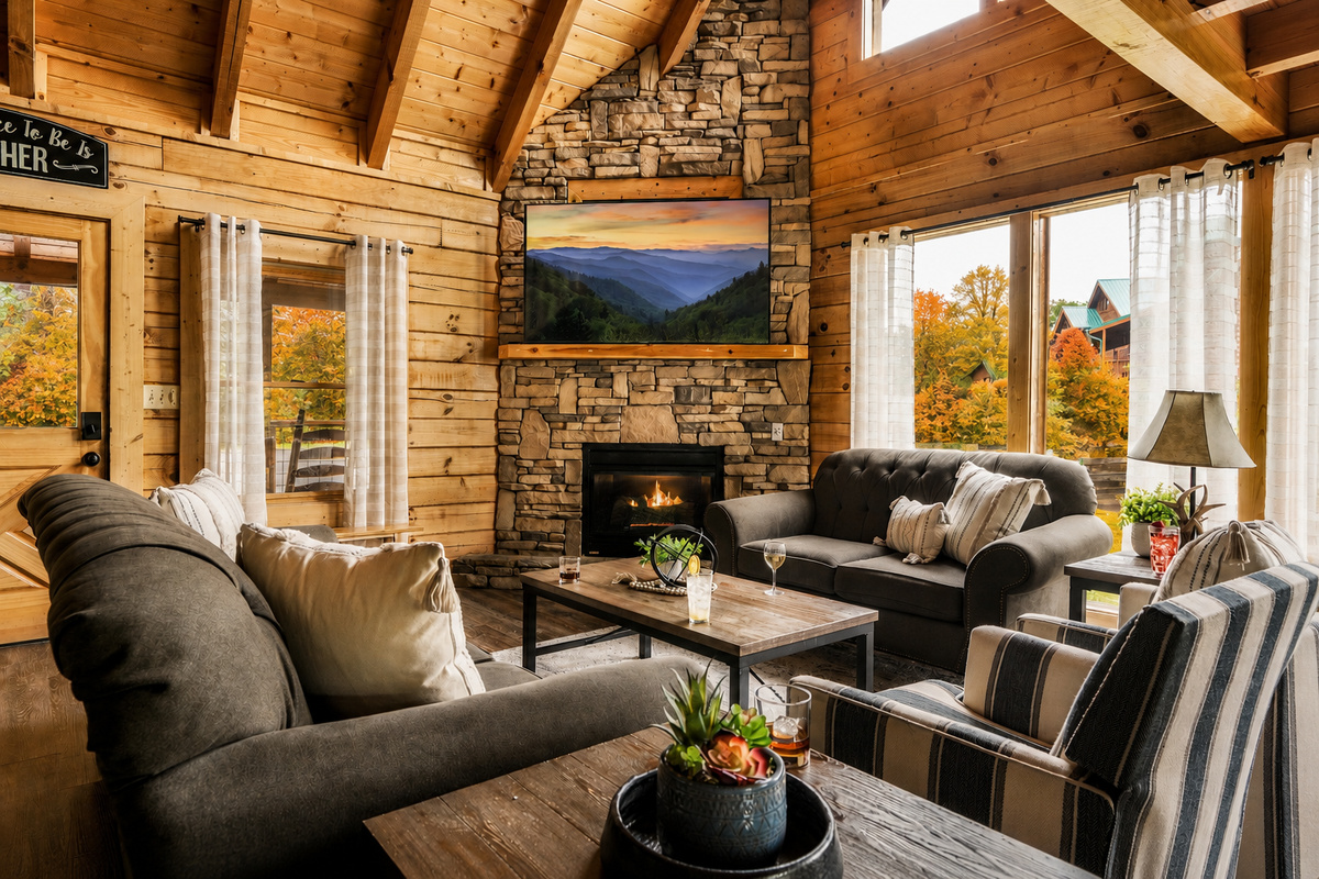 Main floor cabin living space is light, bright,and welcoming. 70" smart Roku TV for streaming.