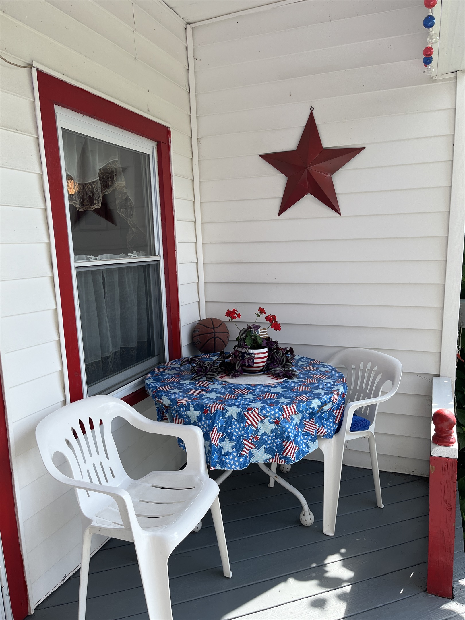Covered seating on the front porch