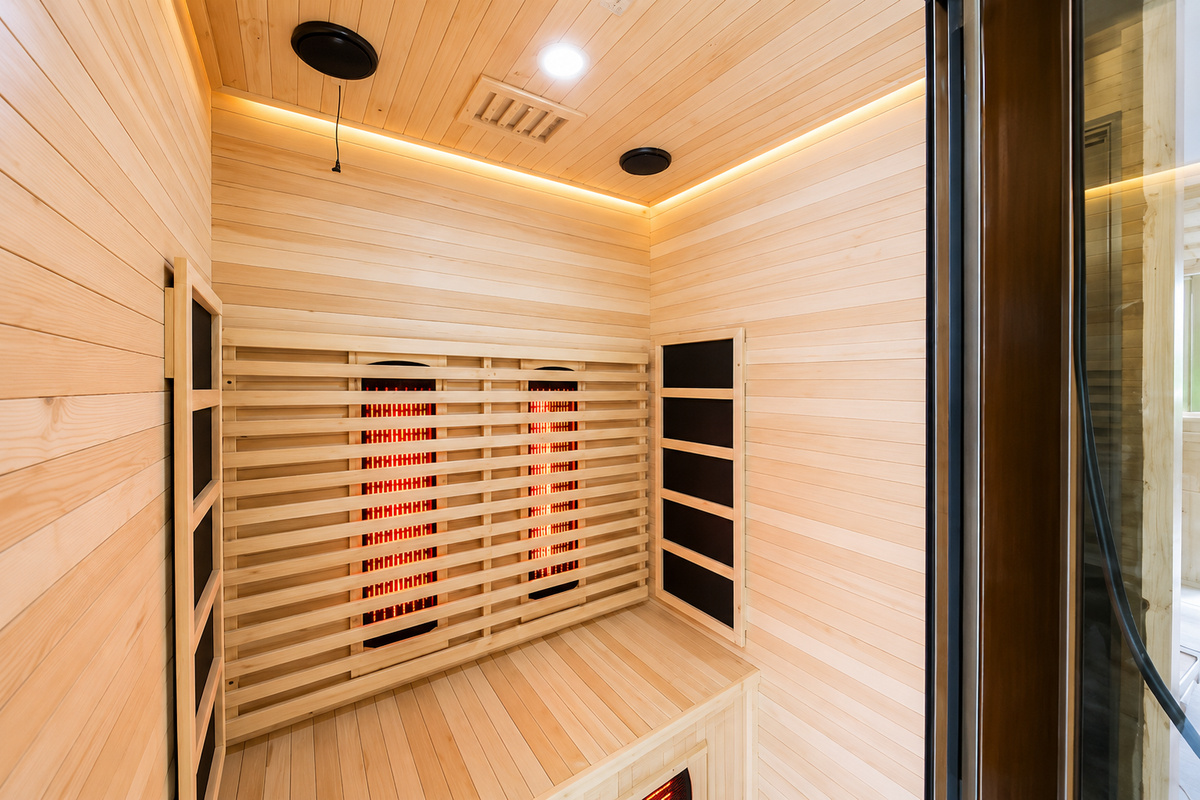 The sauna space adds a quiet, enclosed wellness zone to The Duchess of Duke, separate from the open-plan living areas and outdoor courtyards.