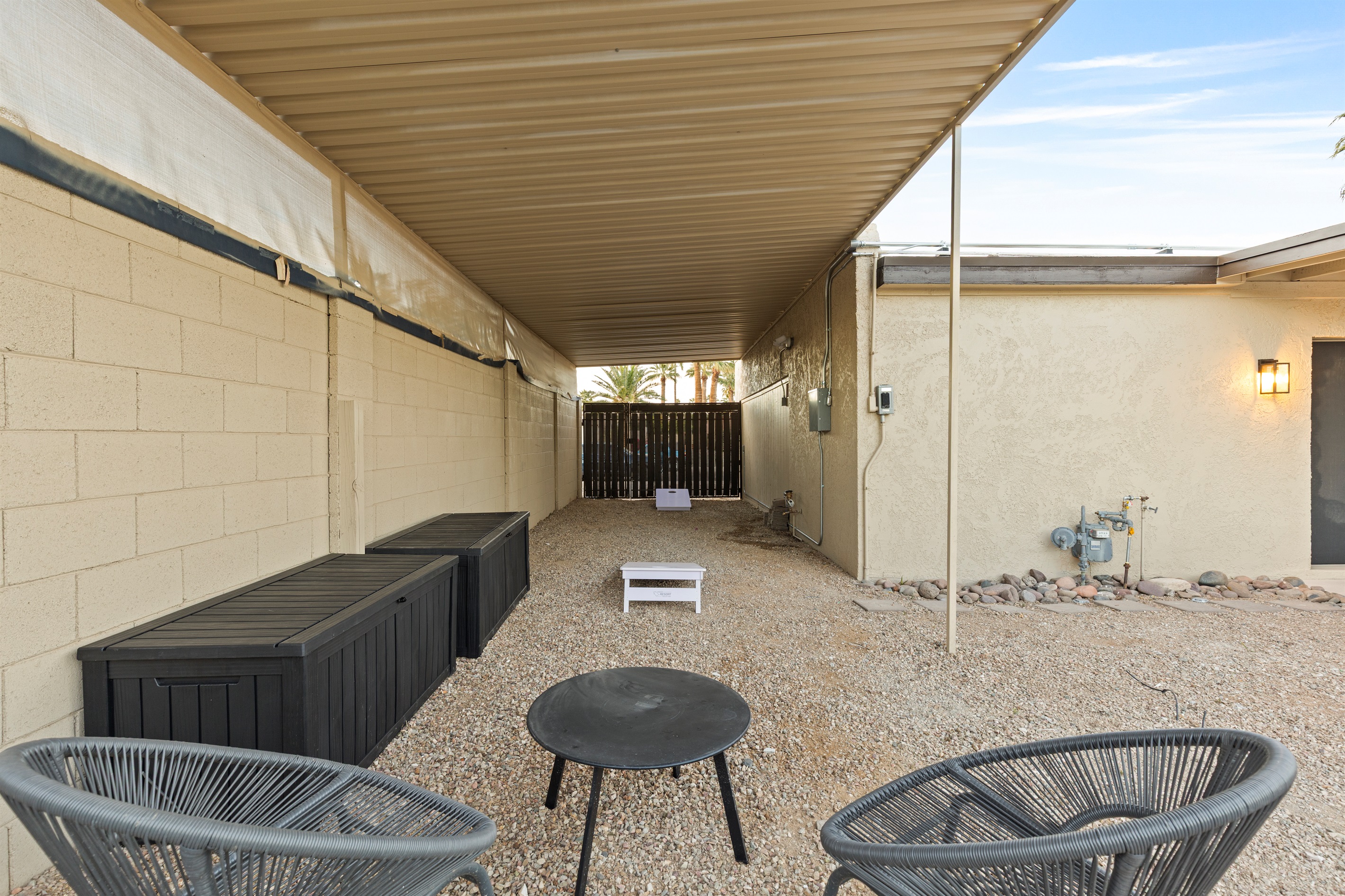 Corn Hole Play and small seating area