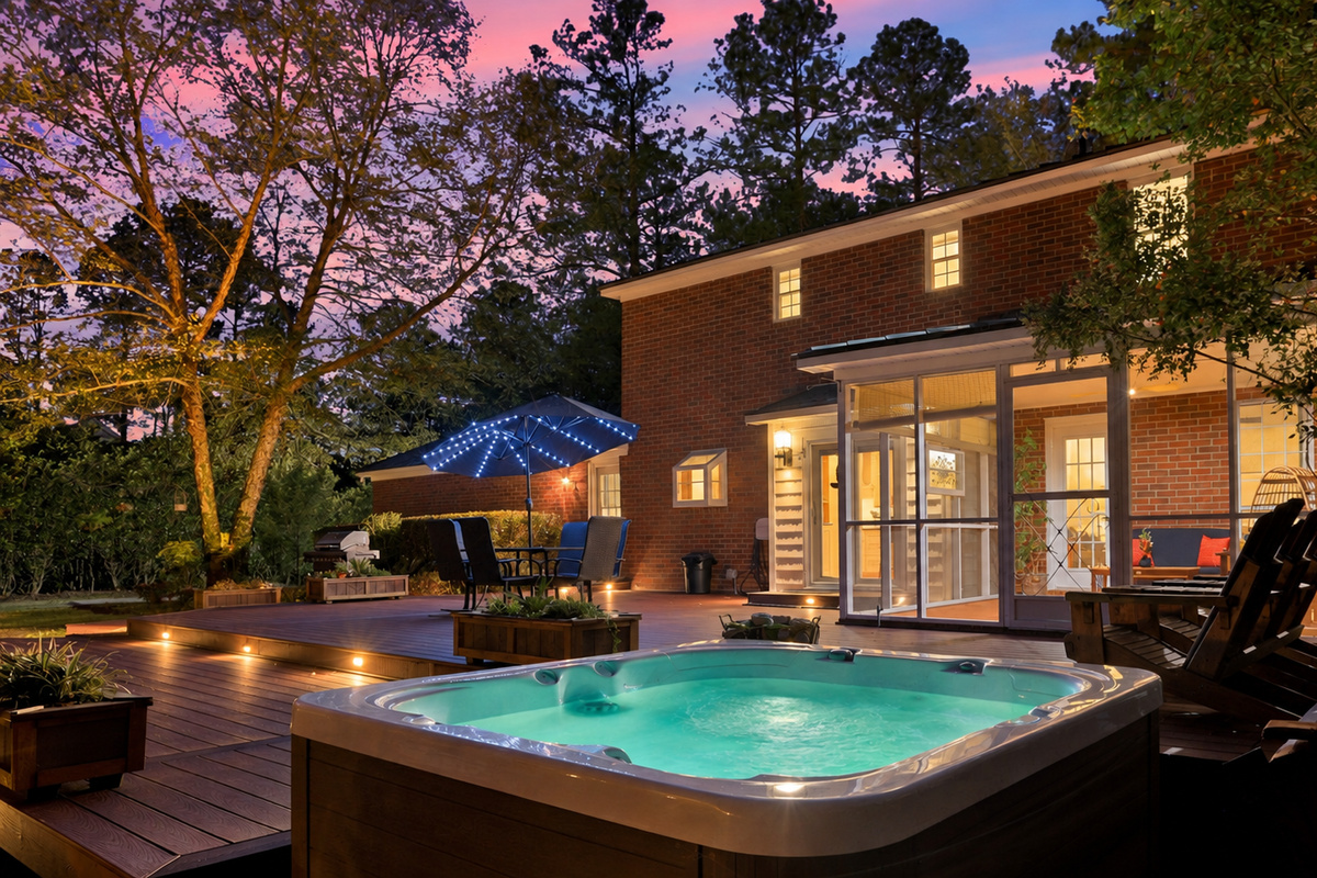 The Pine Cone's hot tub and deck lit up at twilight among the Georgia pines.