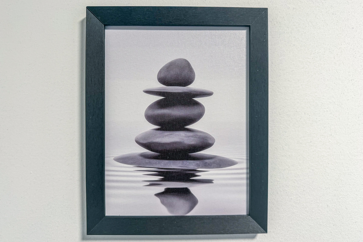 Close the door and let the tranquility sink in. Hidden from view when the door is open, this serene stone artwork reveals itself in the mirror once you step inside—a peaceful, calming surprise that perfectly honors our name, "A Stone's Throw."