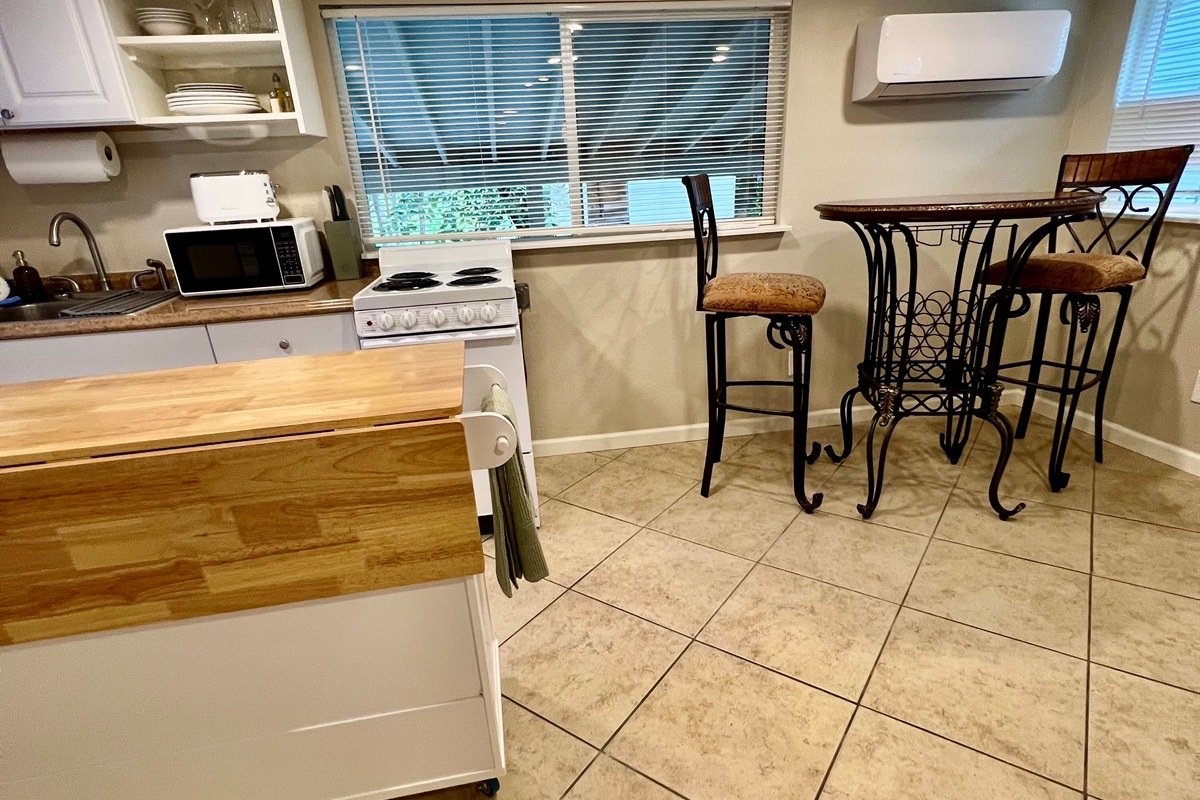 Stay comfortable year-round with private A/C, a fully equipped kitchenette, and your own dedicated dining space.