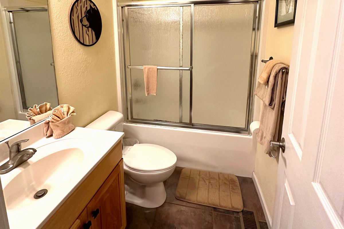 2nd bathroom - Modern bathroom with towels, starter soap & essentials provided