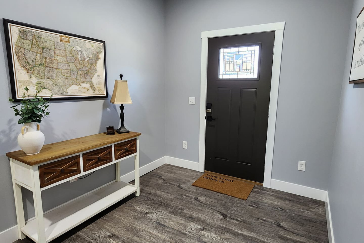 Easy self check-in with a welcoming entry space.