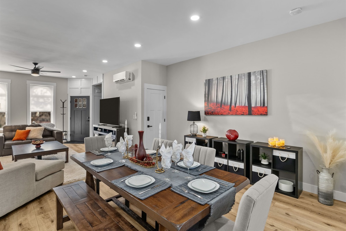 Add a touch of elegance to your meal times at the large dining table. Additional serving dishes available to display your spread! Seating for 6-7 (4 chairs and one long bench). High chair and booster seat also available.