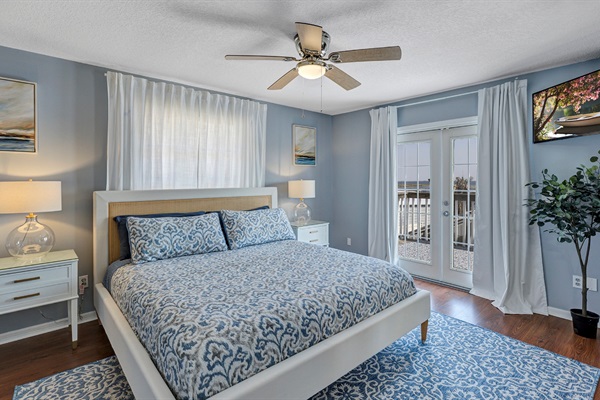 King size luxury bedding and mattress with adjacent master bathroom and closet