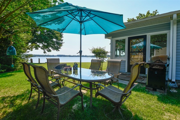 Outdoor dining with a view! Dine al fresco and tally up the points from the day to see who won. The grill is ready for a big barbecue.