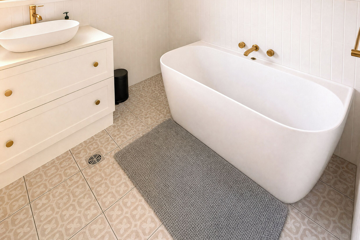 Warm brass details, patterned floor tiles and a freestanding bath give this Luna’s Sanctuary bathroom a calm retreat feel.