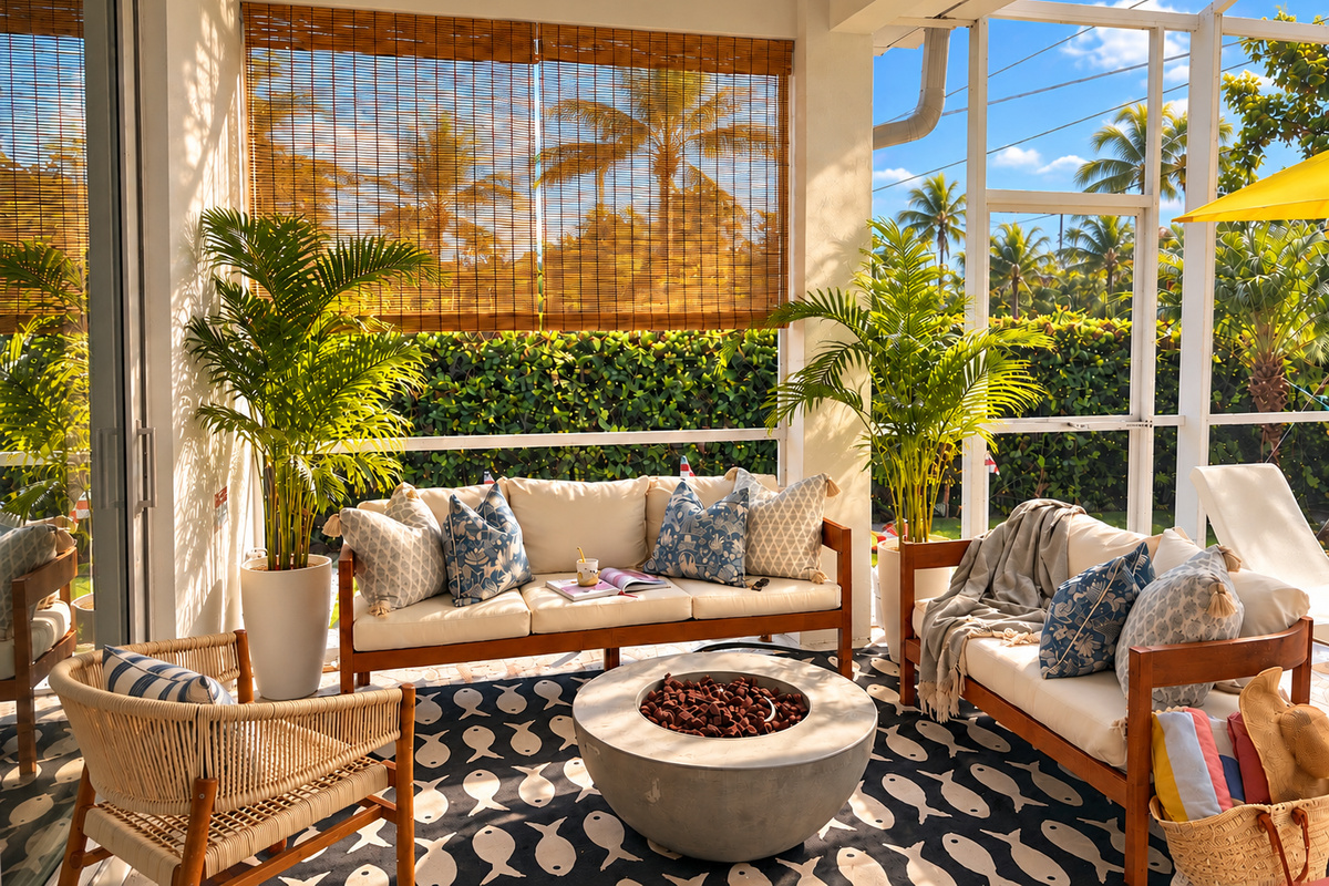 Total privacy meets resort living. Unwind in your own secluded outdoor oasis. This screened-in lanai keeps the elements out while welcoming the evening breeze, featuring a cozy fire table perfect for relaxing by the sparkling pool.
