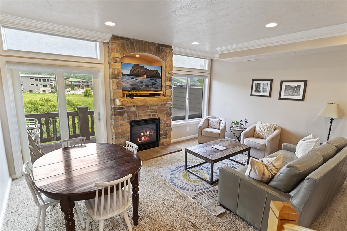 Comfy living space for movie nights or reading a book by the fire.