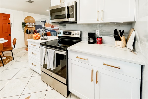 Kitchen Stocked with Essential: Utensils, Pots & Pans, Cookware, S'more Roasting Sticks & Full Oven + Microwave