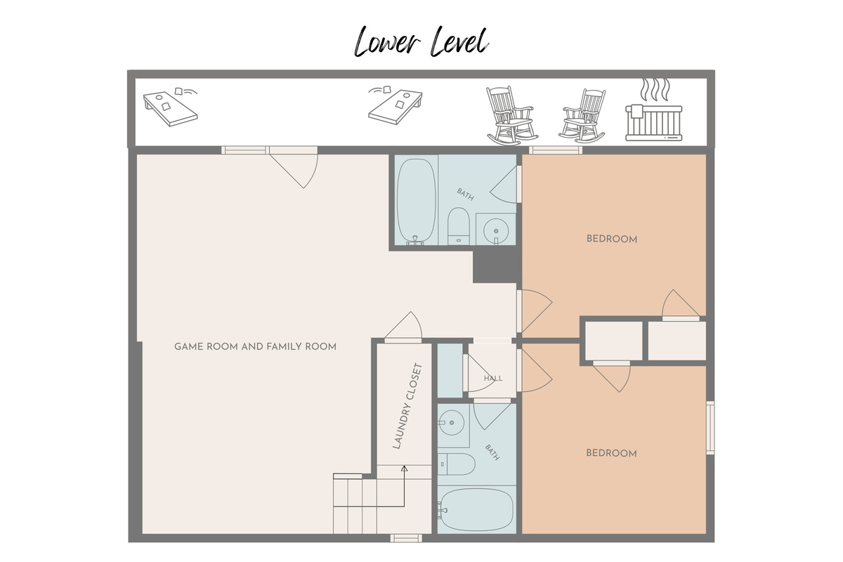 With a second indoor hang-out space and both bedrooms with ensuite bathrooms, our lower level is perfectly laid out for comfort and fun.