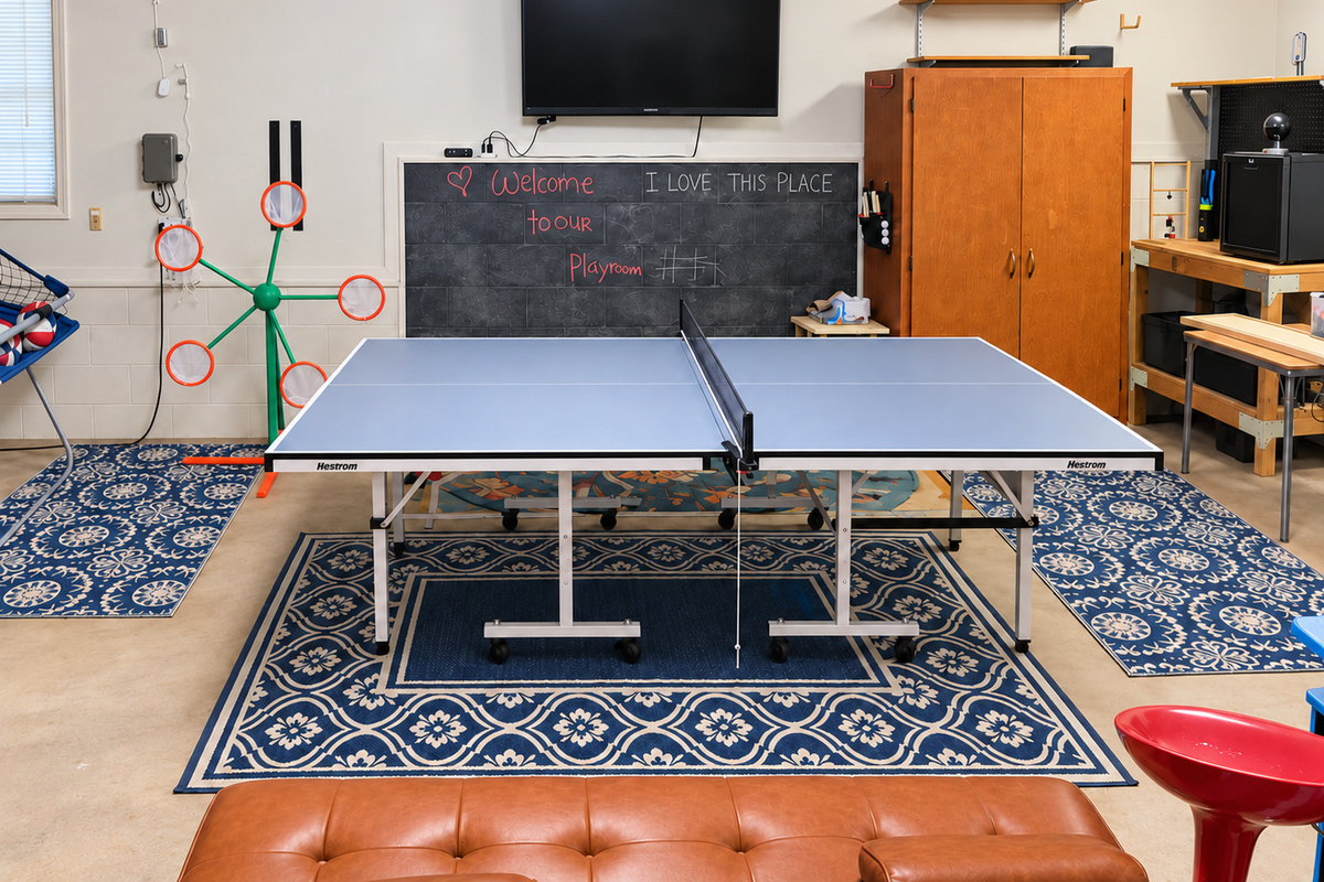 Game room with ping pong, foosball, arcade games, TV, and plenty of space for group fun.