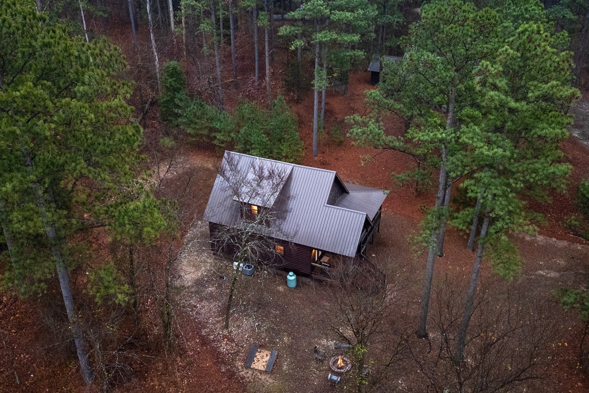A top-down view highlights the cabin’s layout and outdoor spaces nestled into the natural landscape.