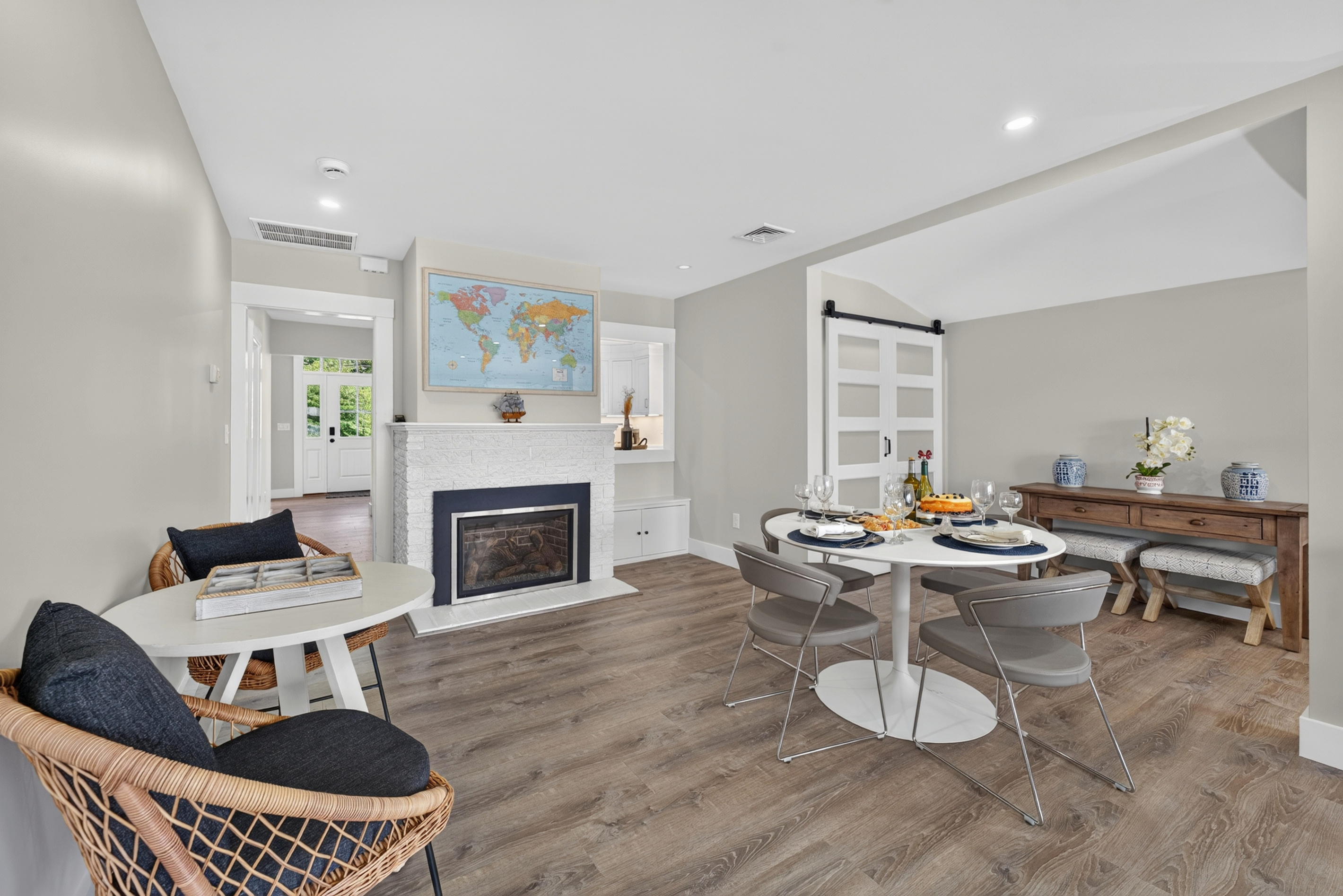 Spacious dining and living room featuring contemporary furnishings and a bright, open layout.