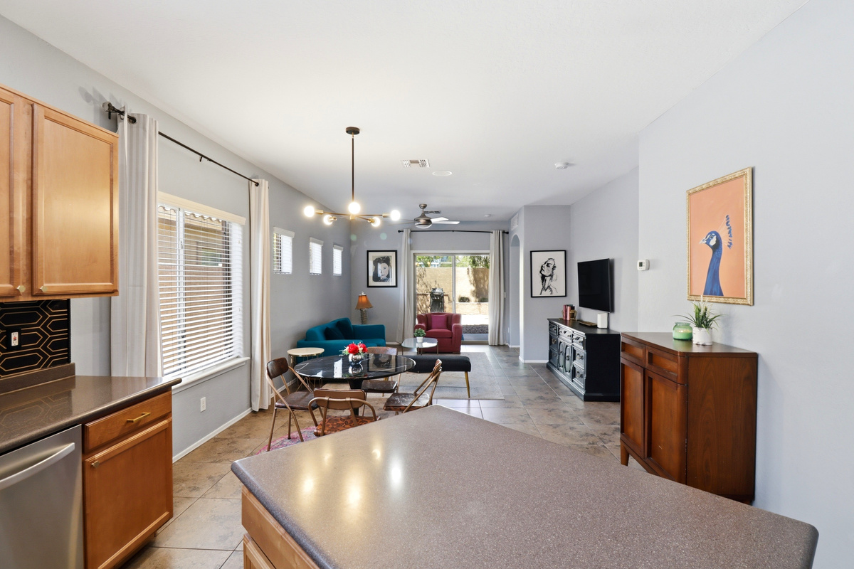 Bright open-concept dining and living space.
