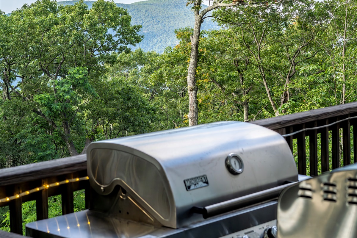 Grill up mountain meals on the full-size stainless BBQ while enjoying long-range Blue Ridge views—your sunset chef’s station awaits