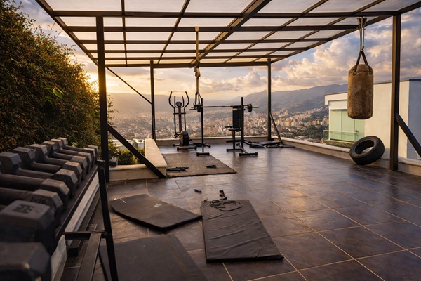 Our gym is small, but it has the basics - dumbells, matts, bench press, and a view to top it off