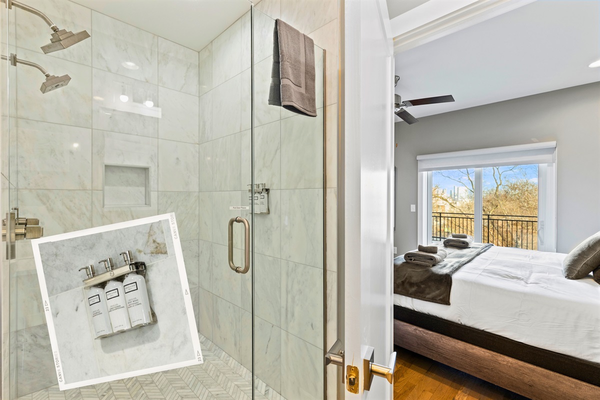 [Casa Tiffani - Bathroom] Indulge in this Oversized Walk-in, Glass Door Shower + Save Some Space in your Suitcase - We've Provided Beekman 1802 Shampoo, Conditioner and Body Wash!