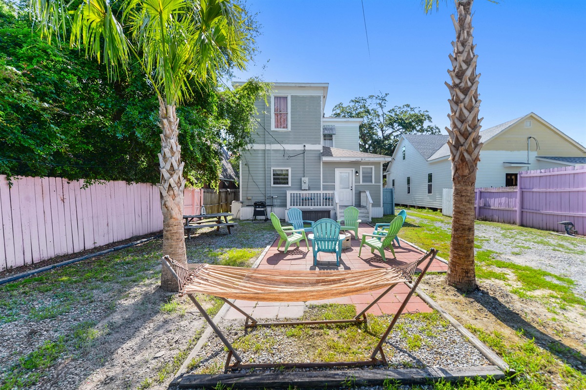 Backyard, firepit, seating. grill.