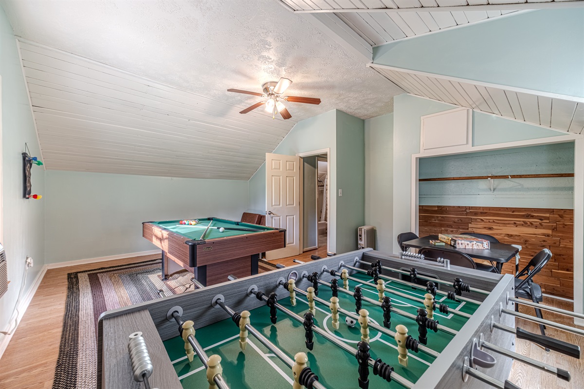 Upstairs Game Room Pool Table, Foosball, Darts and More!