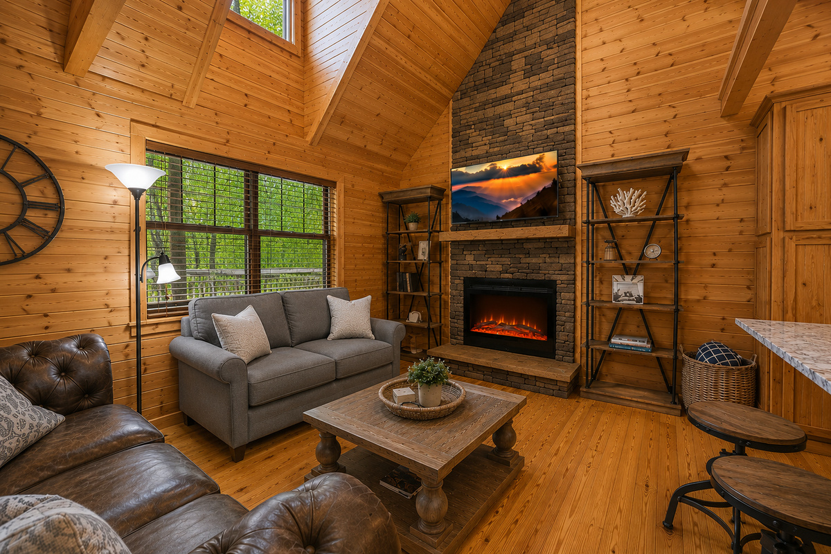 Open Living Room with Smart TV and Electric Fireplace