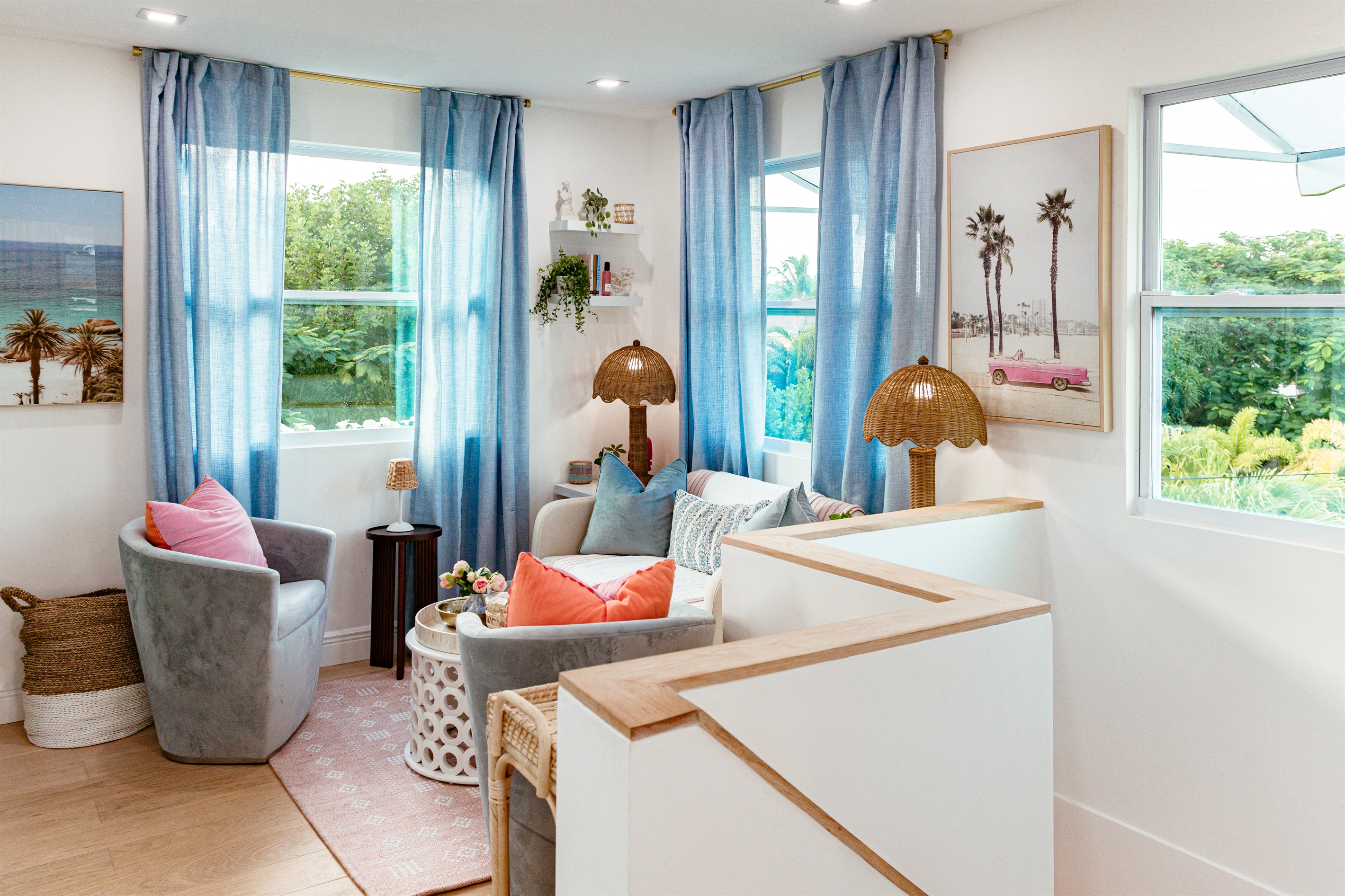 The second floor of the cottage has a cozy seating area, with the elevated setting letting in much natural light as you take in a birds-eye view of the surroundings.