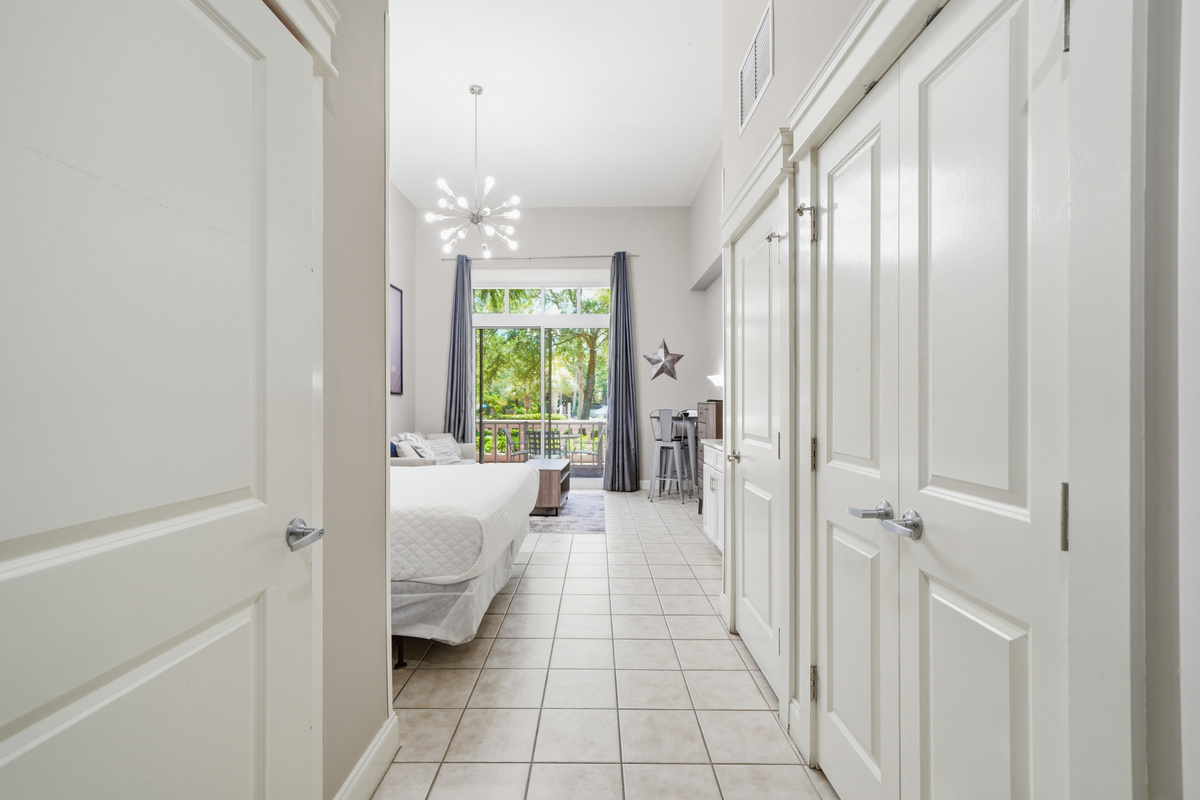 Immediately to your left as you walk in is the full bathroom and to the right is the closet.